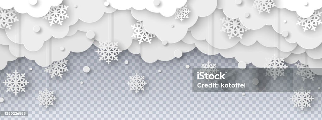 Snowy clouds paper cut Falling snow on transparent background in paper cut style. Snowstorm clouds overlay effect for Christmas and New Year Design. Vector illustration Christmas stock vector