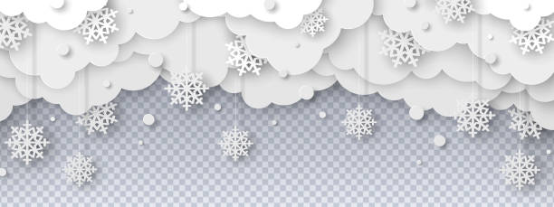 Snowy clouds paper cut Falling snow on transparent background in paper cut style. Snowstorm clouds overlay effect for Christmas and New Year Design. Vector illustration snowing illustrations stock illustrations