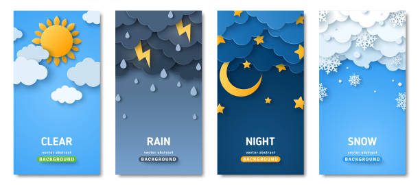 Weather posters set Vertical posters set with fluffy clouds. Weather forecast app widgets. Thunderstorm, rain, sunny day, night and winter snow. Vector illustration. Paper cut style. Place for text rain stock illustrations