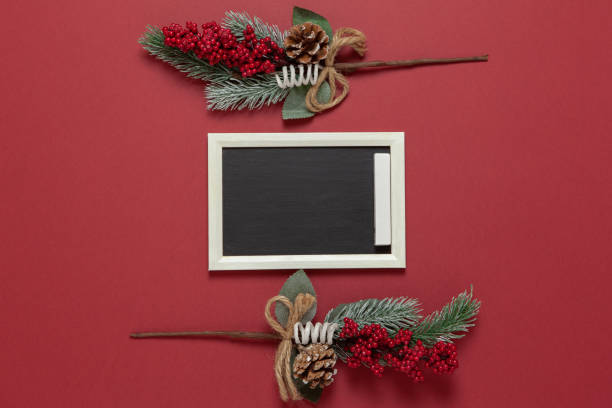 istock Christmas composition, small chalk board, frame of spruce and red berries with copy space on dark red background. Blank for postcard layout. Festive, New Year concept. Horizontal, flat lay 1280227411