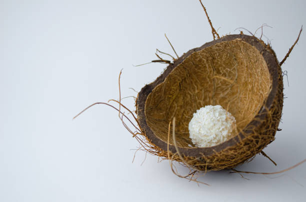 A round candy covered with coconut shavings lies in a nut shell. Half a coconut. On white background.