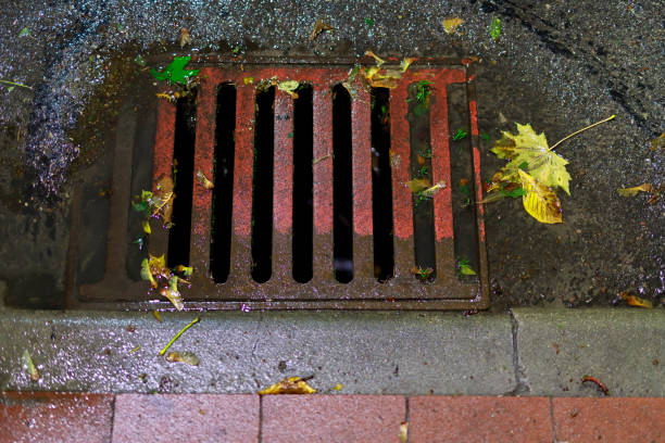 Thick and solid sewer drain embedded in the road. Rainwater flowing down the way to the sewer drain. Autumn season.