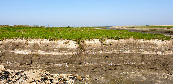Ameland, the Netherlands - September 15, 2020: Eroded soil layers in a dry salt marsh creek