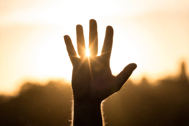 istock Sunset sun rays view through the fingers of a hand 1280231975