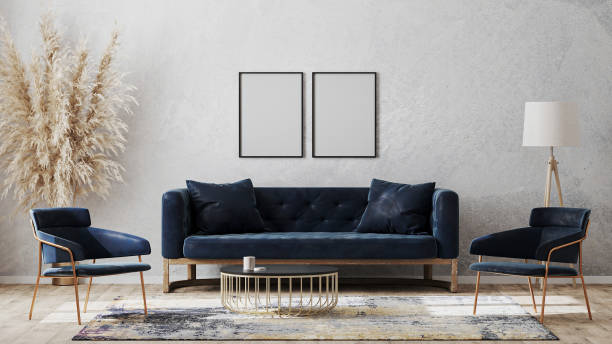 istock Two blank poster frames on gray wall mockup in modern luxury interior design with dark blue sofa, armchairs near cofee table, fancy rug on wooden floor, 3d rendering 1280235916