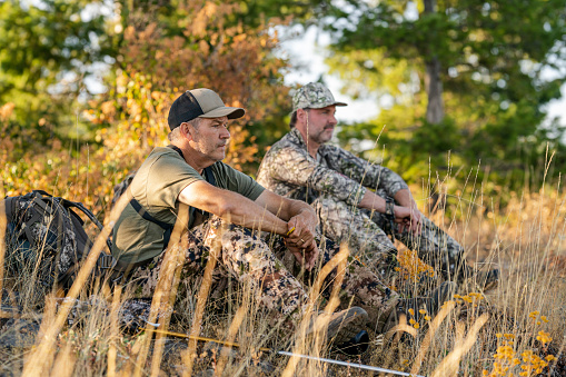 Two middle aged men wearing camouflage clothing sit on a forested hillside while hunting elk with a crossbow in Washington State. It is a warm and sunny Autumn day.