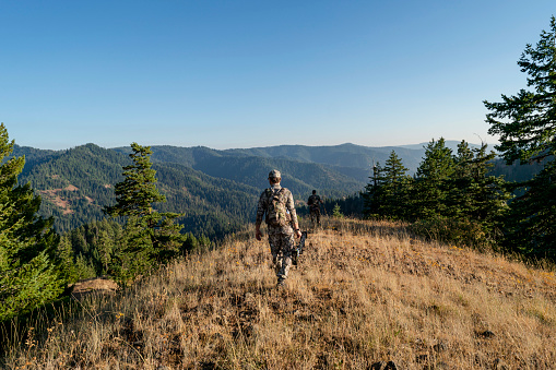Two crossbow hunters walk with their backs to the camera along a grassy ridge overlooking a forested mountain range while tracking elk wild game in the Pacific Northwest region of the United States. The man closest to the camera is carrying a crossbow.