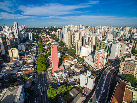 Metropole view from above. Aerial view of Sao Paulo city, Brazil South America. Pacaembu Avenue. Via Elevado President Joao Goulart. The district of Perdises and Barra Funda.