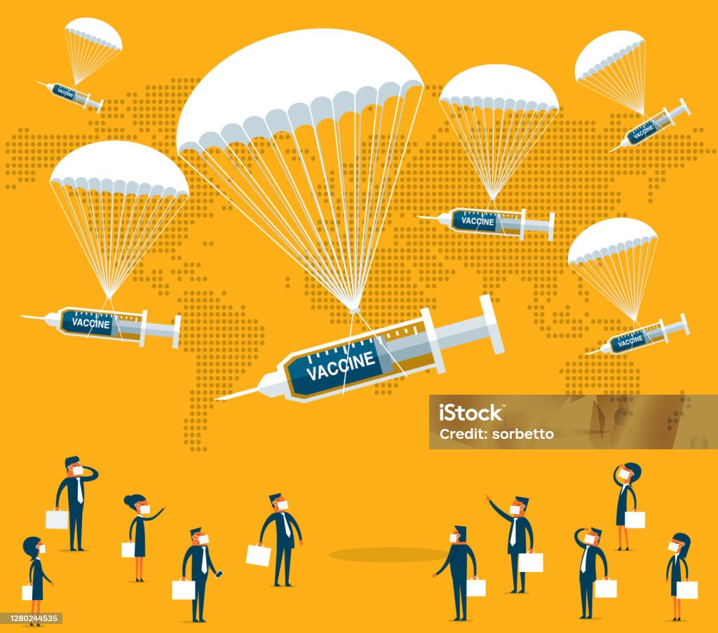 Gives a vaccine to a people - syringe Vaccine falling in parachutes and business people waiting for them Vaccination stock vector
