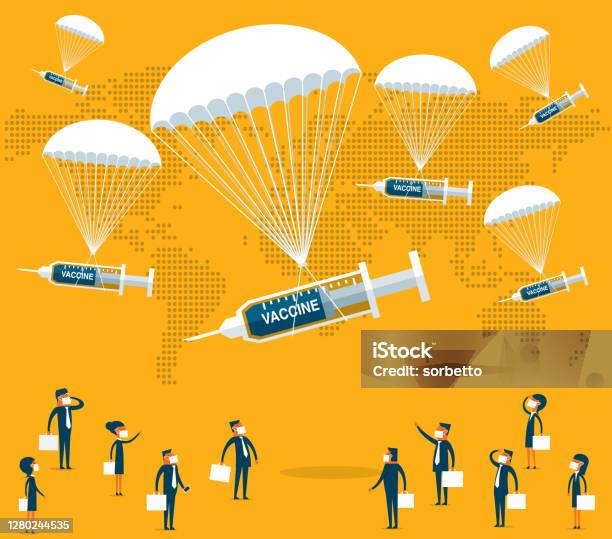 Gives A Vaccine To A People Syringe Stock Illustration - Download Image Now - Vaccination, Parachute, Parachuting
