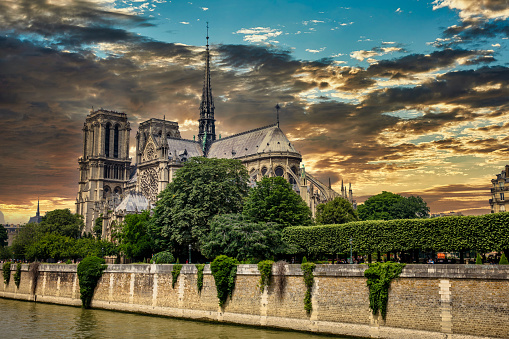 Notre-Dame de Paris Cathedral at sunset.