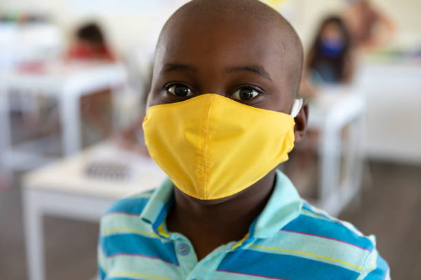 istock Portrait of boy wearing face mask at school 1280246884