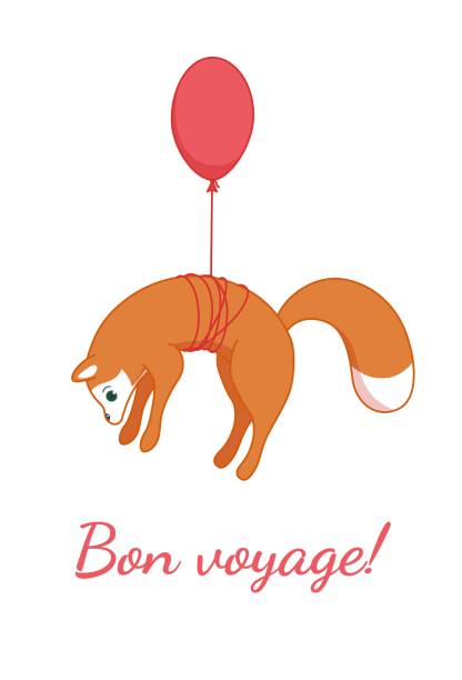 ilustrações, clipart, desenhos animados e ícones de fox tentando voar em um baloon. cartão para viajantes. ilustração vetorial - voyagers