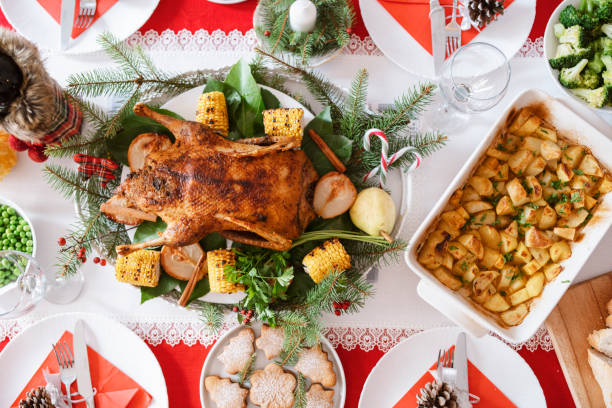 istock Directly above shot of Christmas meal on table. 1280247751