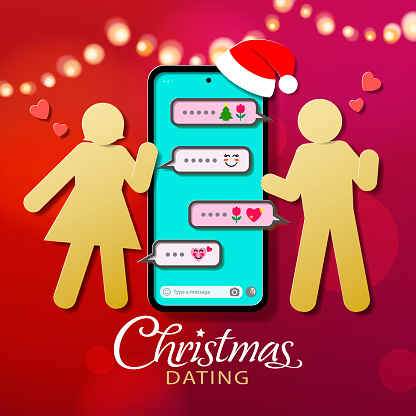 Paper craft of online dating through mobile apps during the Christmas Holiday with Christmas lights on the red background