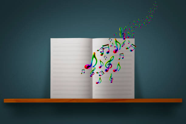 Blank Sheet Music with flying multi colored Musical Note on a wooden shelf against dark blue wall with copy space.