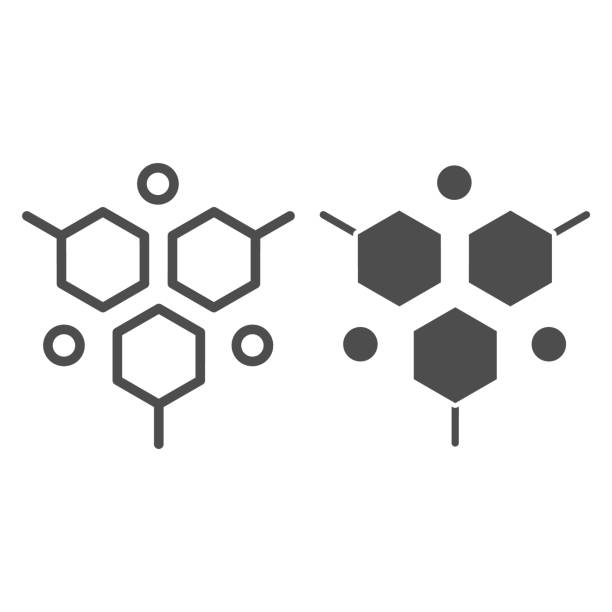 分子構造線と固体アイコン、医療テストの概念、白い背景にdnaテストサイン、モバイルコンセプトとウェブデザインのためのアウトラインスタイルの分子アイコン。ベクターグラフィックス� - molecule点のイラスト素材／クリップアート素材／マンガ素材／アイコン素材