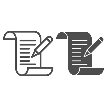 Test results line and solid icon, Medical tests concept, Medical form with pencil sign on white background, report and pen icon in outline style for mobile concept and web design. Vector graphics