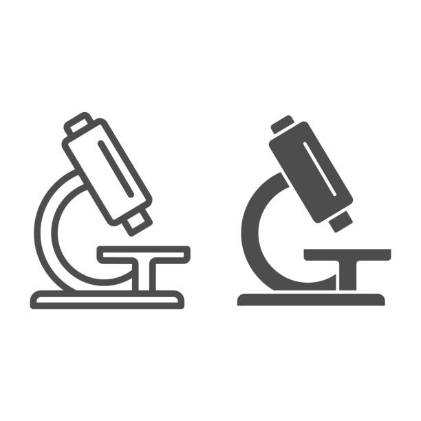 ilustrações de stock, clip art, desenhos animados e ícones de analysis under microscope line and solid icon, medical tests concept, laboratory equipment sign on white background, microscope icon in outline style for mobile concept, web design. vector graphics. - microscope symbol computer icon laboratory