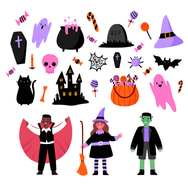 ilustraciones, imágenes clip art, dibujos animados e iconos de stock de lindo conjunto de vectores de dibujos animados planos de halloween. calabaza, fantasma, gato, murciélago, caramelo, bruja, vampiro, drácula, monstruo de frankenstein. elementos de diseño de halloween para embalaje, tarjetas, carteles. niños disfrazados - vampire vampiress little girls cartoon