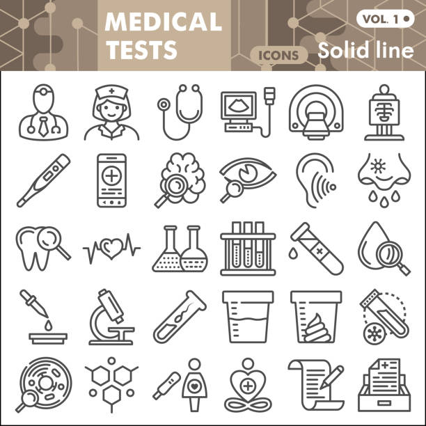 illustrazioni stock, clip art, cartoni animati e icone di tendenza di set di icone della linea dei test medici, raccolta di simboli sanitari o schizzi. dispositivi medici segni di stile lineari per web e app. grafica vettoriale isolata su sfondo bianco. - medical research immagine