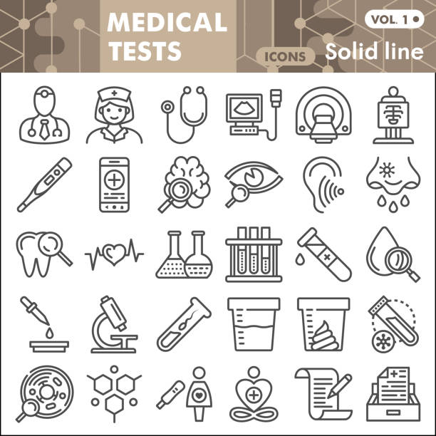 의료 테스트 라인 아이콘 세트, 의료 기호 컬렉션 또는 스케치. 웹 및 앱에 대한 의료 기기 선형 스타일 표지판. 흰색 배경에서 격리된 벡터 그래픽입니다. - conceptual symbol illustrations stock illustrations