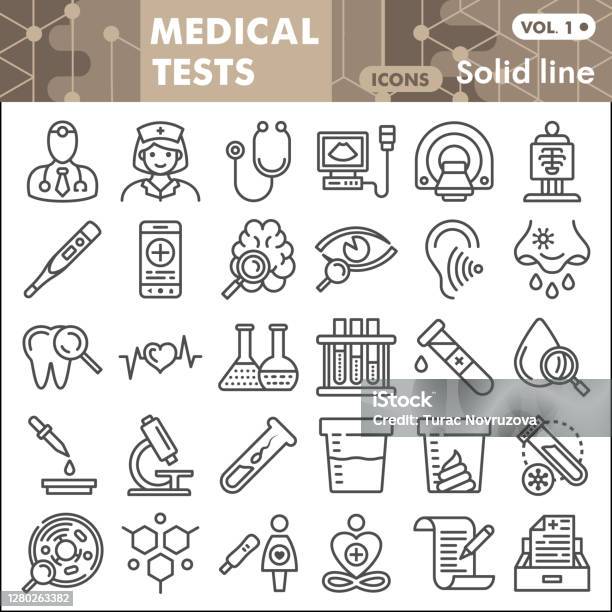 의료 테스트 라인 아이콘 세트 의료 기호 컬렉션 또는 스케치 웹 및 앱에 대한 의료 기기 선형 스타일 표지판 흰색 배경에서 격리된 벡터 그래픽입니다 아이콘에 대한 스톡 벡터 아트 및 기타 이미지