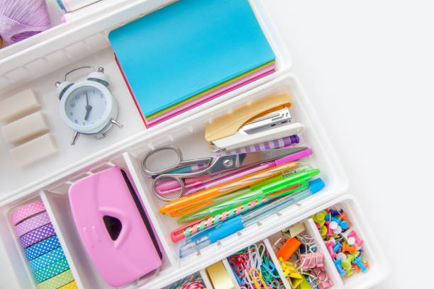 istock Flat lay stylish set: Clipboard mockup, washi tape, note on white background. School stationery. Back to school concept 1280263433