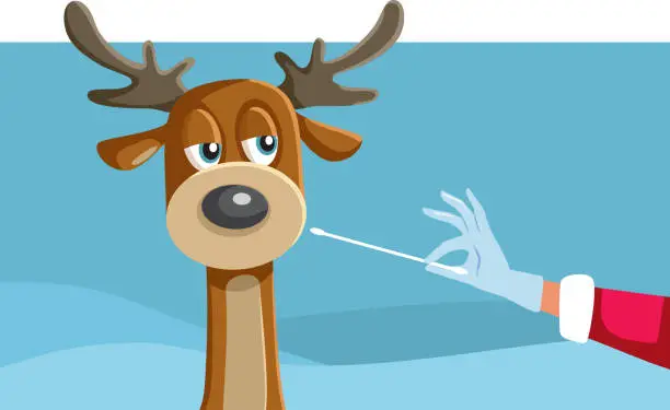 Vector illustration of Reindeer Being Swabbed for a Covid-19 Test by Santa Claus
