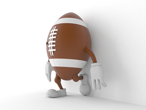 Rugby character leaning on wall on white background. 3d illustration