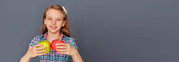 una niña linda elige entre una manzana verde y roja sobre un fondo gris. el concepto de elegir o tomar una decisión difícil - decisions teenage girls horizontal studio shot fotografías e imágenes de stock