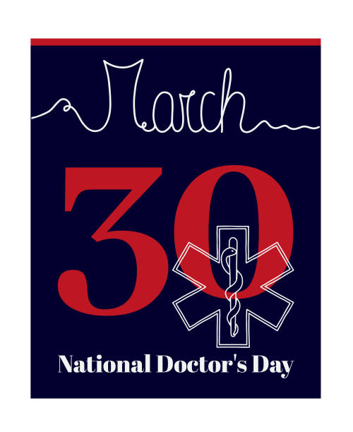 Calendar sheet, vector illustration on the theme of National Doctor's Day on March 30. Decorated with a handwritten inscription  MARCH and linear symbol of the medicine. cartoon of caduceus medical symbol stock illustrations