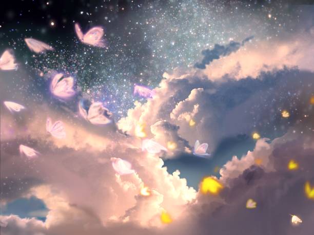istock Wallpaper of starry space and flying butterflies and white pigeons 1280274773