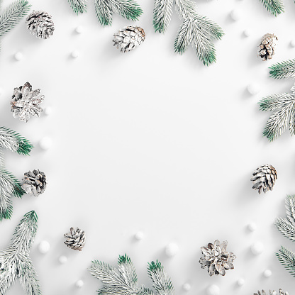 Winter minimal concept - Evergreen tree branch with snow and pine cones. Square composition, flat lay, top view. Snow forest creative minimal layout. White copy space
