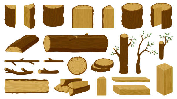 stockillustraties, clipart, cartoons en iconen met houten hout. boomstam, houtbewerkingsplanken en houtkaptakjes, houtindustrie gehakt brandhoutmateriaal dat vectorillustratiepictogrammen reeks wordt geïsoleerd - boomstam