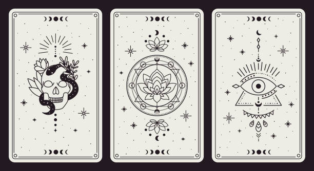 stockillustraties, clipart, cartoons en iconen met magische occulte kaarten. uitstekende hand getrokken mystieke tarotkaarten, schedel, lotus en kwade oog magische symbolen, magische occulte kaartenvectorillustratie reeks - kaarten illustraties