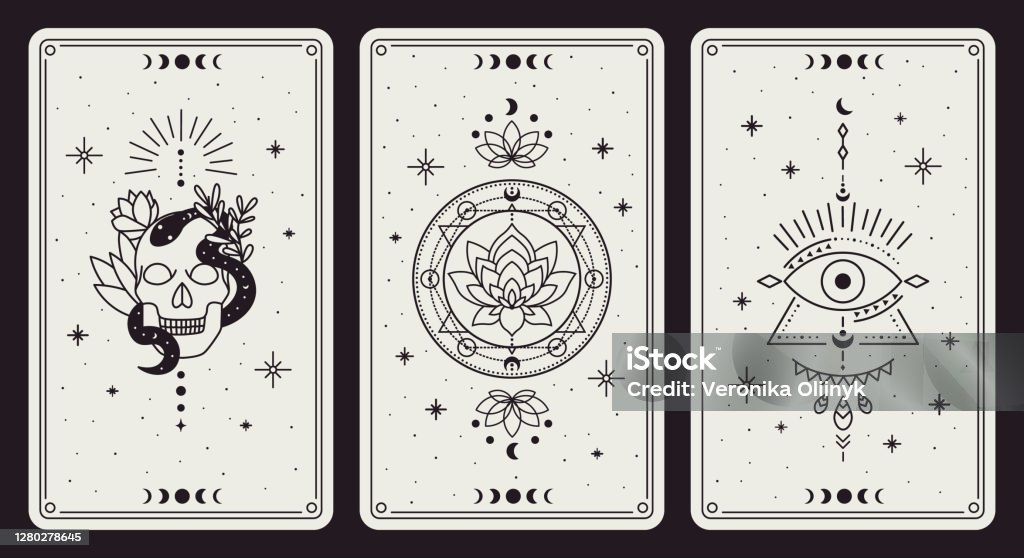 Magic occult cards. Vintage hand drawn mystic tarot cards, skull, lotus and evil eye magical symbols, magic occult cards vector illustration set Magic occult cards. Vintage hand drawn mystic tarot cards, skull, lotus and evil eye magical symbols, magic occult cards vector illustration set. Esoteric, astrological elements for prediction Tarot Cards stock vector