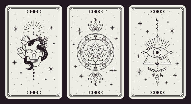 Magic occult cards. Vintage hand drawn mystic tarot cards, skull, lotus and evil eye magical symbols, magic occult cards vector illustration set Magic occult cards. Vintage hand drawn mystic tarot cards, skull, lotus and evil eye magical symbols, magic occult cards vector illustration set. Esoteric, astrological elements for prediction cards stock illustrations