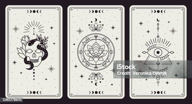 Magic Occult Cards Vintage Hand Drawn Mystic Tarot Cards Skull Lotus And Evil Eye Magical Symbols Magic Occult Cards Vector Illustration Set Stock Illustration - Download Image Now