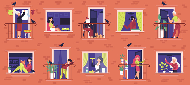 Neighbours windows. People at apartment house windows communicating, neighbours characters looking out windows frames vector illustration set. Woman watching tv, watering plant, man drinking wine
