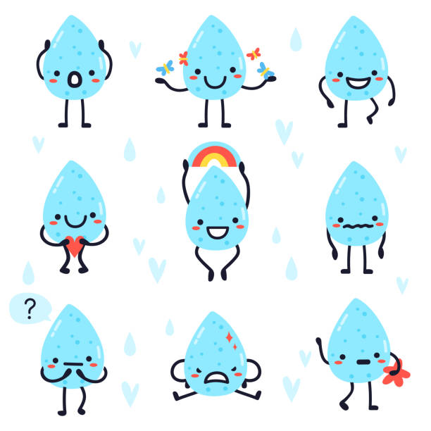 illustrazioni stock, clip art, cartoni animati e icone di tendenza di gocce d'acqua carine. gocce d'acqua felici disegnate a mano, gocce di pioggia, goccioline kawaii aqua, gocce d'acqua espressioni facciali carattere illustrazione vettoriale set - drop water cartoon raindrop