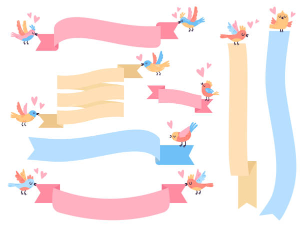 ilustraciones, imágenes clip art, dibujos animados e iconos de stock de pájaros con cinta. pequeños pájaros voladores lindos sosteniendo banderas de cinta, aves dibujadas a mano con banderas símbolos de ilustración vectorial establecidos - heart shape wing red vector