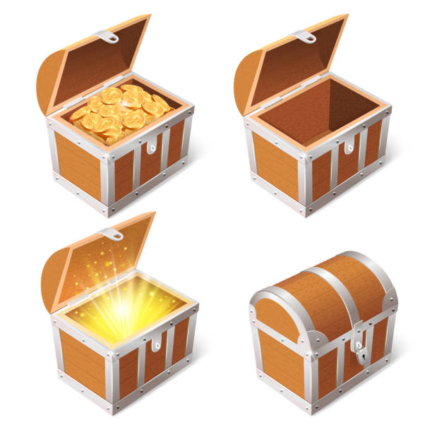 Realistic treasure chest. Wooden 3d antique pirate chest, closed and opened vintage wood treasure chest isolated vector illustration icons set Realistic treasure chest. Wooden 3d antique pirate chest, closed and opened vintage wood treasure chest isolated vector illustration icons set. Golden sparkling coins in box, shining light chest stock illustrations