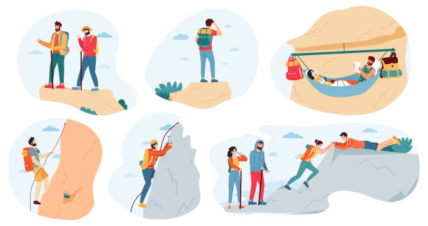 Mountain climbers. Active outdoor activity, climbers group and tourists, extreme lifestyle, trekking, hiking in mountains vector illustration set Mountain climbers. Active outdoor activity, climbers group and tourists, extreme lifestyle, trekking, hiking in mountains vector illustration set. People traveling with backpacks, resting in hammock man mountain climbing stock illustrations