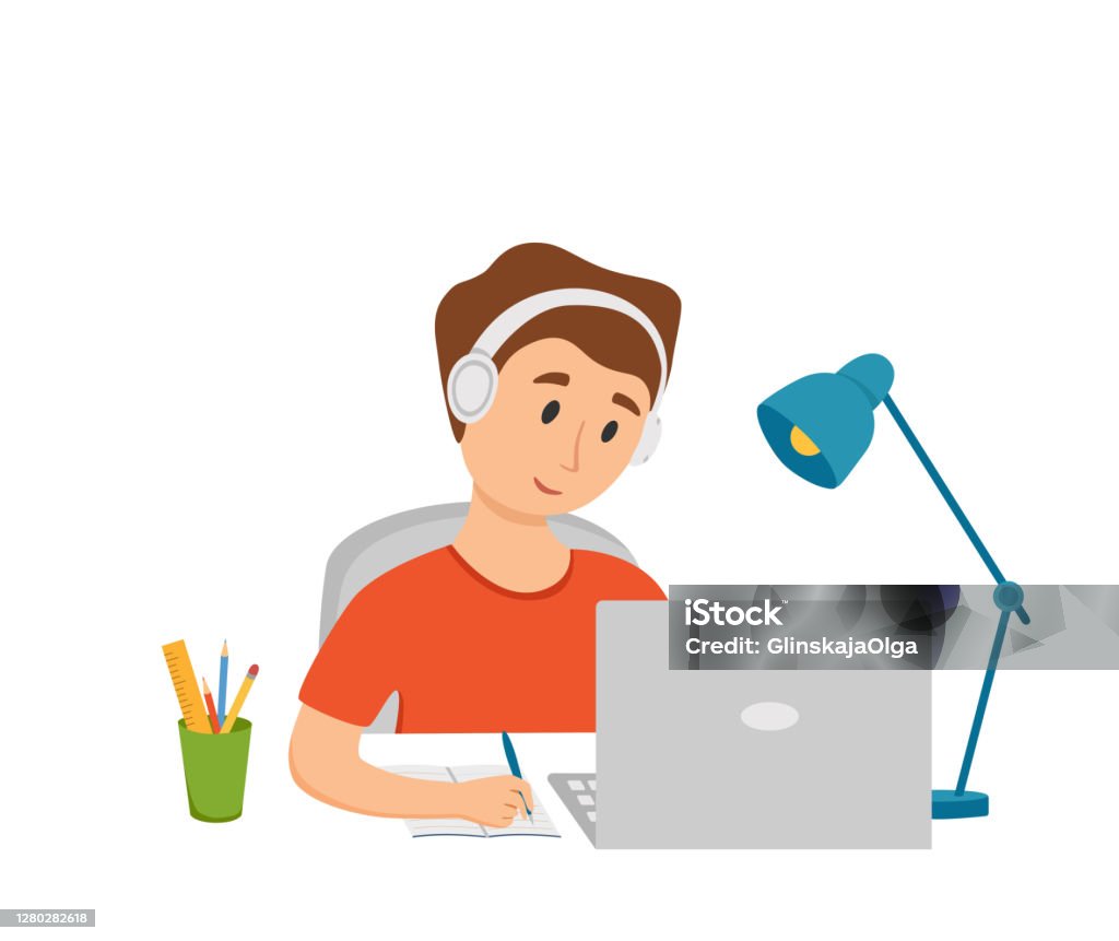 Boy Studying Online Education At Home Cartoon Vector Illustration Stock  Illustration - Download Image Now - iStock
