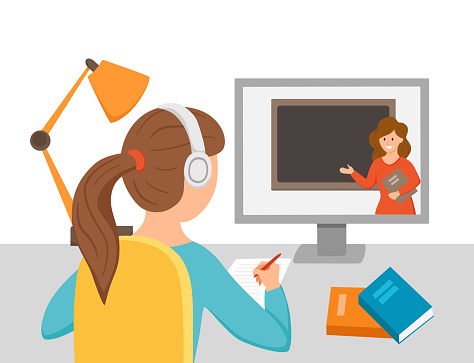 Girl Studying Online Education At Home Cartoon Vector Illustration Stock  Illustration - Download Image Now - iStock