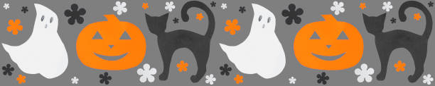 Bright pattern or Halloween seamless background. Stylish Halloween banner with pumpkin, ghost, cat and flowers in minimalist style stock photo