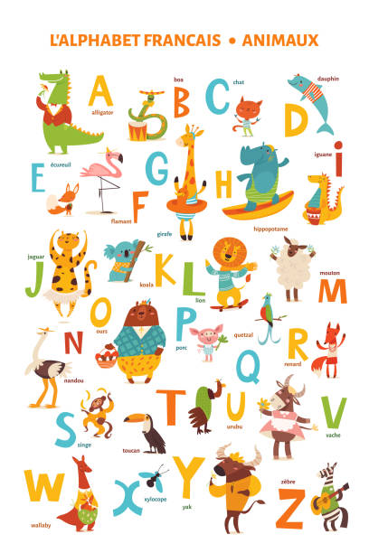 French language alphabet poster with cartoon animals vector art illustration