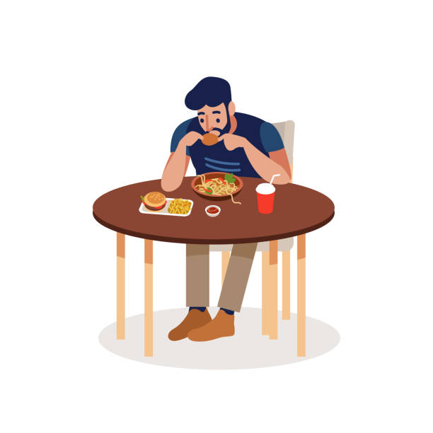 illustrazioni stock, clip art, cartoni animati e icone di tendenza di uomo che mangia a un tavolo da fast food isolato su uno sfondo bianco. un uomo entra in un fast food e fa un ordine. illustrazione vettoriale piatta - man eating