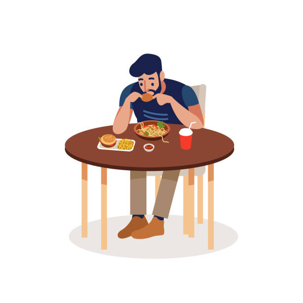 ilustrações de stock, clip art, desenhos animados e ícones de man eating at a fast food table isolated on a white background. a man comes into a fast food and makes an order. flat vector illustration - burger sandwich hamburger eating